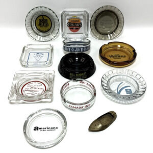 Lot of 12 Vintage Advertising Ashtrays Glass & Brass Hotels Casinos Restaurants